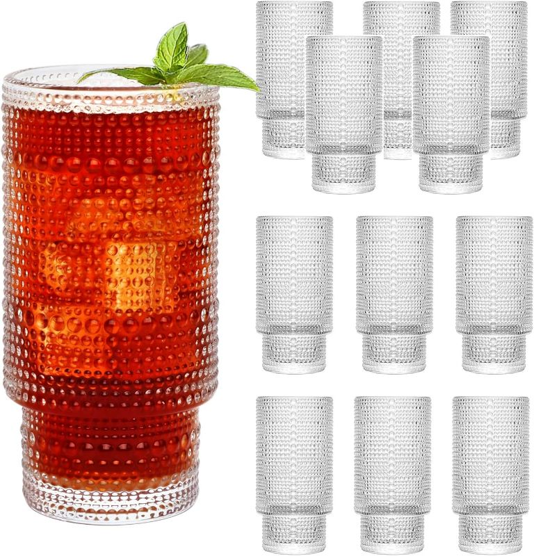 Photo 1 of QAPPDA Vintage Tall Drinking Glasses Set of 12,10oz Hobnail Highball Glasses,Romantic Embossed Cocktail Glasses Glass Coffee Glassware Set for Water,Juice,Soda
