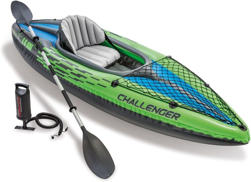 Photo 1 of INTEX Challenger Inflatable Kayak Series: Includes Deluxe 86in Aluminum Oar and High-Output Pump – SuperStrong PVC – Adjustable Seat with Backrest – Removable Skeg – Cargo Storage Net
