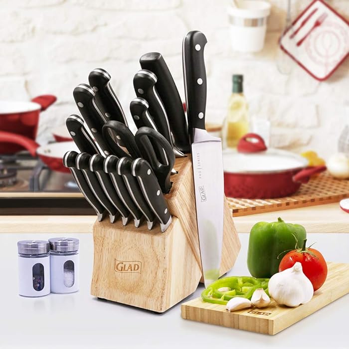 Photo 1 of GLAD GLD-79053 Kitchen 15 pc Pro Euro Series Knife Set, Includes Shear, Sharpening Tool & Block | High Carbon Stainless Steel with Satin Finish, One Size
