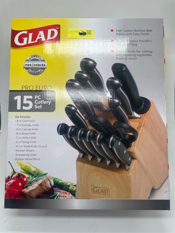 Photo 3 of GLAD GLD-79053 Kitchen 15 pc Pro Euro Series Knife Set, Includes Shear, Sharpening Tool & Block | High Carbon Stainless Steel with Satin Finish, One Size
