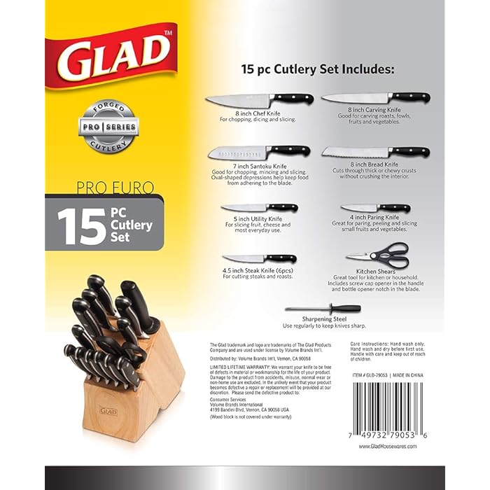 Photo 2 of GLAD GLD-79053 Kitchen 15 pc Pro Euro Series Knife Set, Includes Shear, Sharpening Tool & Block | High Carbon Stainless Steel with Satin Finish, One Size
