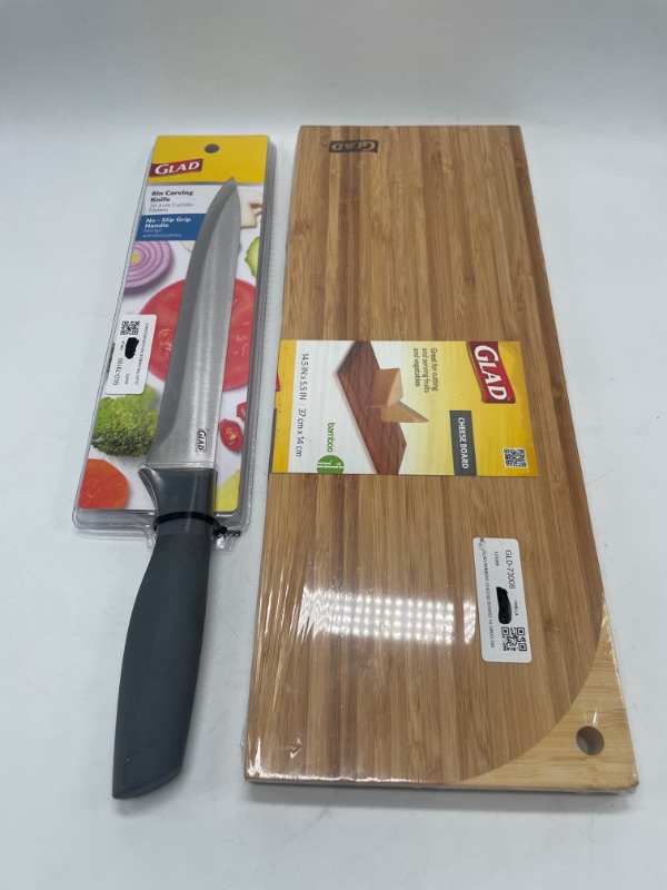 Photo 1 of GLAD BAMBOO CHEESE BOARD 14.5 X 5.5 IN.& glad 8 inch carving knife
