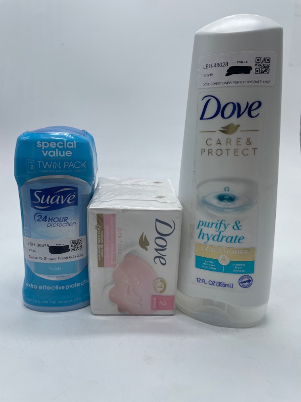 Photo 1 of Suave Antiperspirant Deodorant, Invisible Solid Shower Fresh, 2.6 oz 2 ct ,Dove Beauty Bar Gentle Skin Cleanser Pink More Moisturizing than Bar Soap 2 Pack & Dove Care & Protect nourishing Moisturizing Daily Conditioner, 12 fl oz
