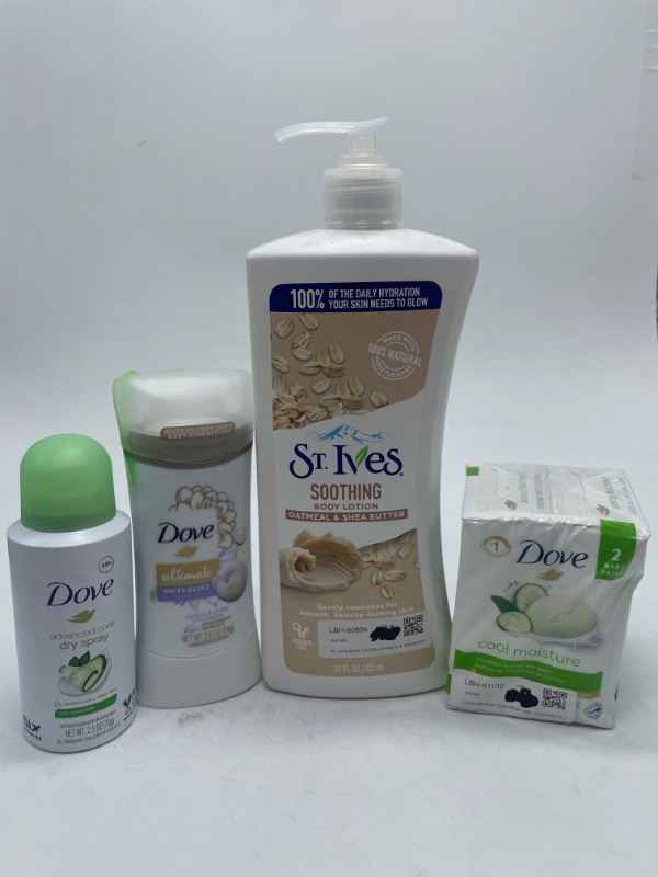 Photo 1 of St. Ives Naturally Soothing Body Lotion, Oatmeal & Shea Butter 21 Oz by St. Ives , Dove Bar Soap 2 Pack , Dove Deodorant & Dove Spray