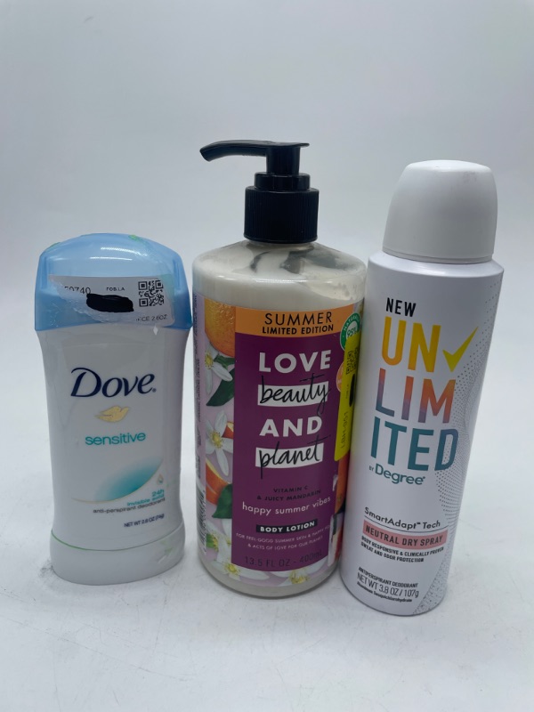 Photo 1 of Love Beauty and Planet Delicious Glow Body Lotion , Dove Deodorant && Unlimited neutral Dry Spray 