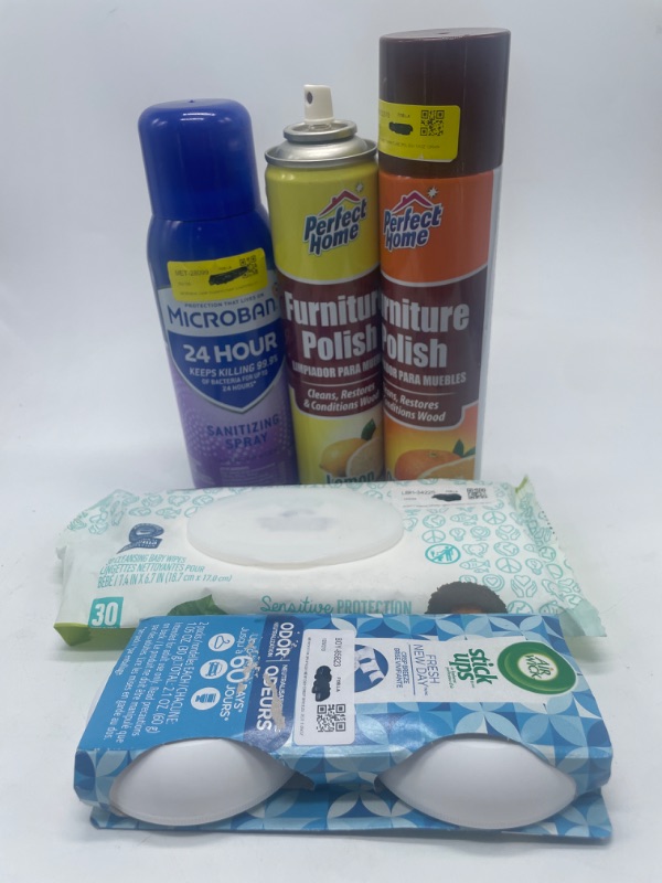 Photo 1 of Miscellaneous 2 Pack Furniture Polish Lemon & Orange , Microban 24 Hour Sanitizing Spray, 30 Pack Baby Wipes & 2 Pack Air Fresheners