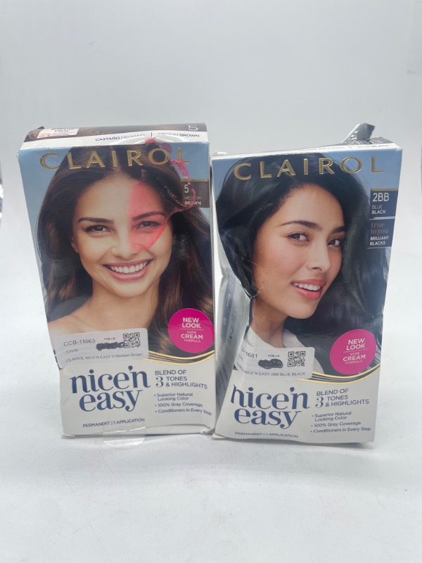 Photo 1 of Clairol Nice'n Easy Permanent Hair Color, 2BB Blue Black, 3.4 Fl Oz 2BB Blue Black 6.26 Fl Oz && Clairol Nice'n Easy Permanent Hair Color, 5 Medium Brown, Pack of 1 5 Medium Brown 6.26 Fl Oz 