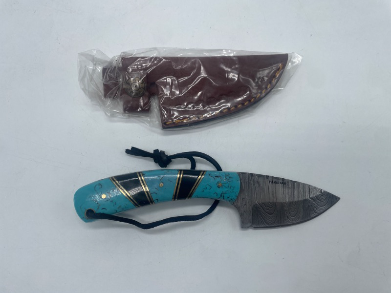 Photo 2 of Szco Supplies Damascus Steel Turquoise Hunting Knife, 7.25 inches