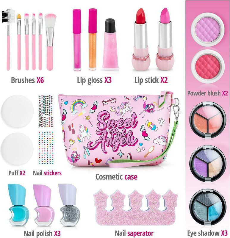 Photo 2 of 25 PCS Girls Makeup kit Sweet Pink Angels for Kids with Cosmetic Bag - Real Washable Girls Makeup Non Toxic Make up for Kids
