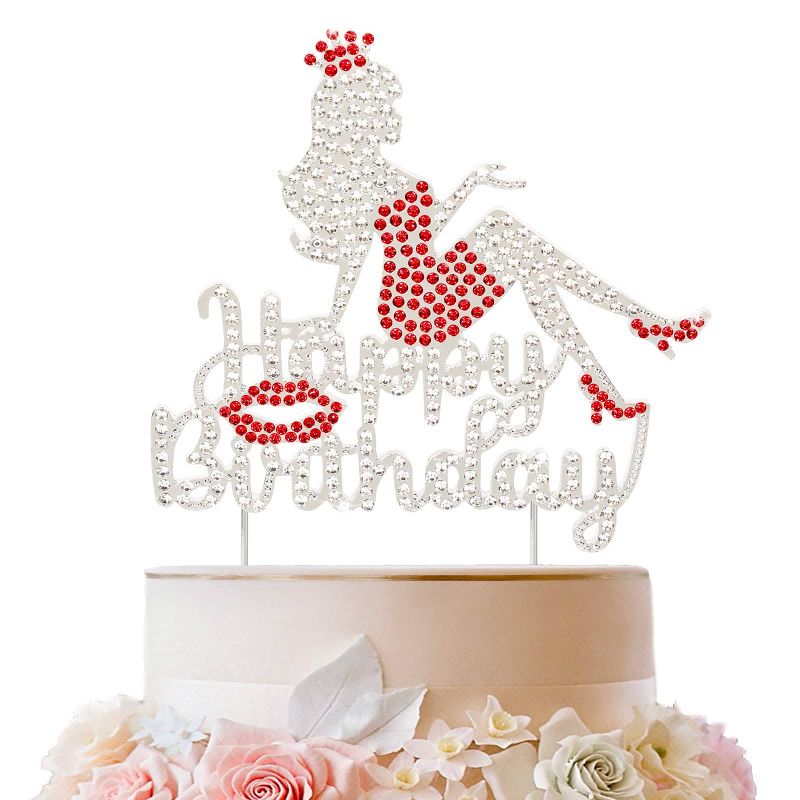 Photo 1 of LINGTEER Happy Birthday Crown Queen Lady Rhinestone Cake Topper - Cheers to Makeup Spa Birthday Party Cake Centerpieces Decorations Gift Sign - Red.
