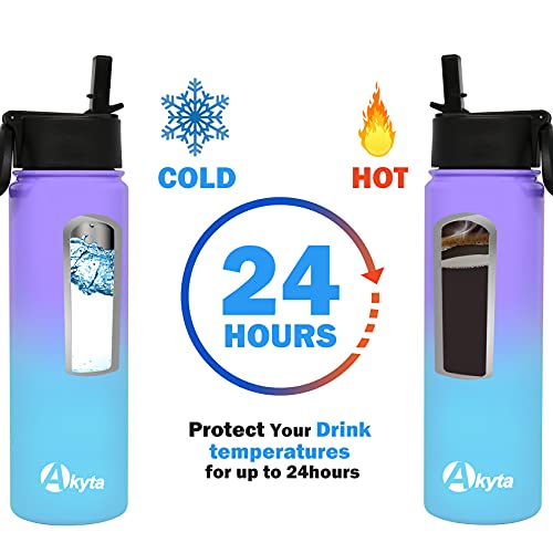 Photo 1 of Akyta 24 OZ Water Bottle, Sports Vacuum Insulated Water Bottle with Straw lid, Keep Water cold/Hot, Double Walled Stainless Steel, Leakproof Wide Mouth Thermos Metal Water Bottles for Hiking Biking
