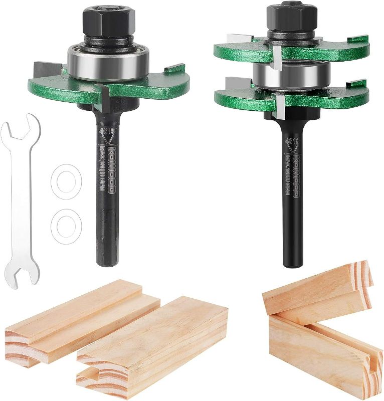 Photo 1 of KOWOOD Pro Tongue and Groove Set of 2 Pieces 1/4 Inch Shank Router Bit Set 3 Teeth Adjustable T Shape Wood Milling Cutter