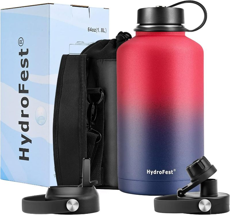 Photo 1 of HydroFest 64 oz Water Bottle, Metal Water Bottle with Straw Lid, Half Gallon Water Bottle Insulated with Bottle Holder, Cold for 48 Hrs Hot for 24 Hrs, BPA Free & Leak-proof Water Flask (Red &Blue)
