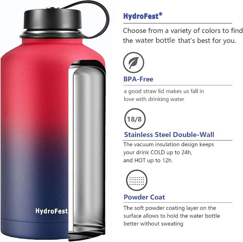 Photo 4 of HydroFest 64 oz Water Bottle, Metal Water Bottle with Straw Lid, Half Gallon Water Bottle Insulated with Bottle Holder, Cold for 48 Hrs Hot for 24 Hrs, BPA Free & Leak-proof Water Flask (Red &Blue)
