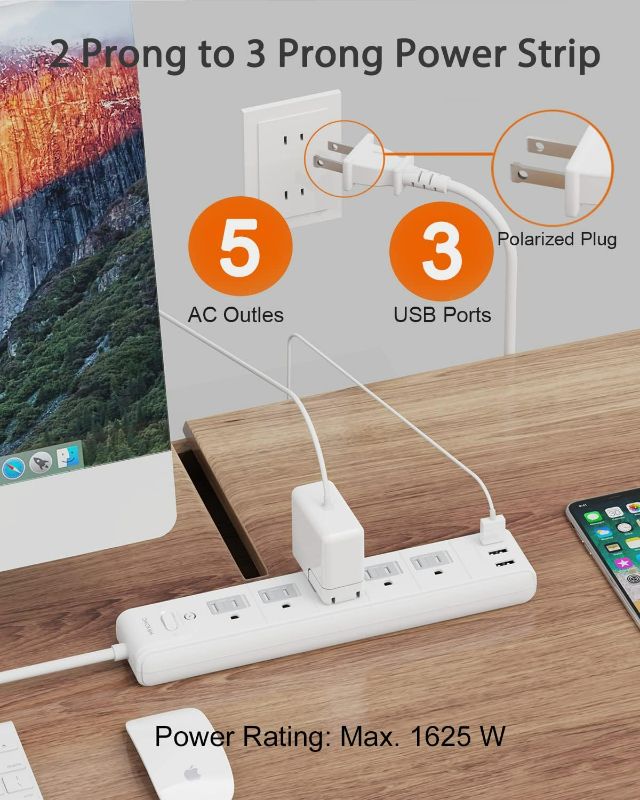 Photo 2 of 2 Prong Power Strip, WRXDMC 2 Prong to 3 Prong Outlet Adapter, 5ft Extension Cord with Polarized Plug, 1680J Surge Protector, 5 AC Outlets & 3 USB, Wall Mountable, Ideal for Non-Grounded Outlets
