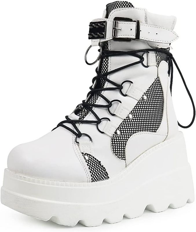 Photo 2 of FJAUOQ Women's Motorcycle Boots Punk Rivet Buckle Strap Platform Boots Gothic Chunky Wedges High Heel Combat Boots Goth Round Toe Lace Up Riding Ankle Booties for Women (Color : White, Size : 9)
