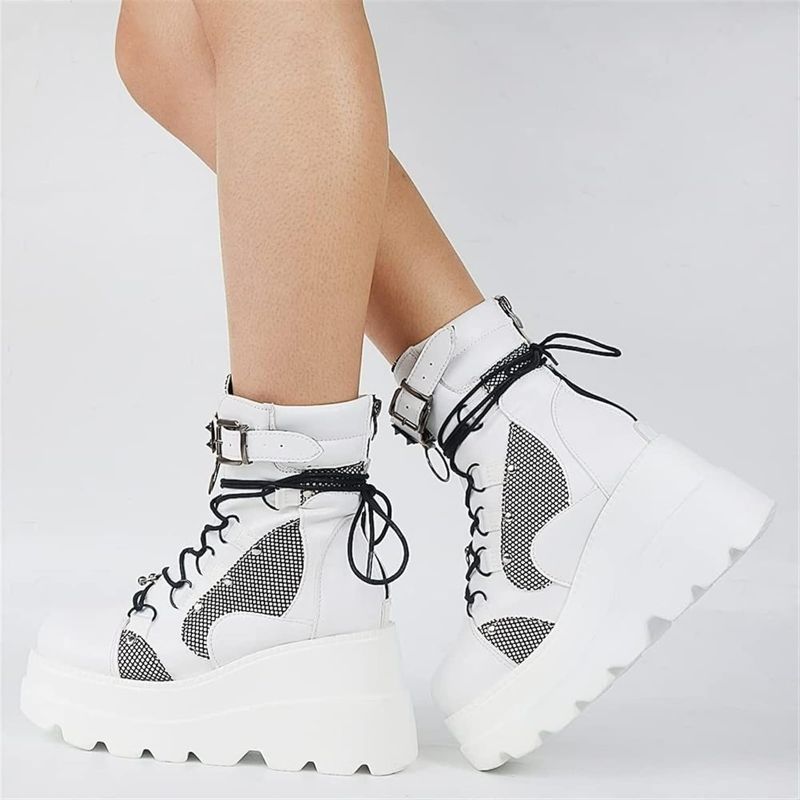 Photo 1 of FJAUOQ Women's Motorcycle Boots Punk Rivet Buckle Strap Platform Boots Gothic Chunky Wedges High Heel Combat Boots Goth Round Toe Lace Up Riding Ankle Booties for Women (Color : White, Size : 9)
