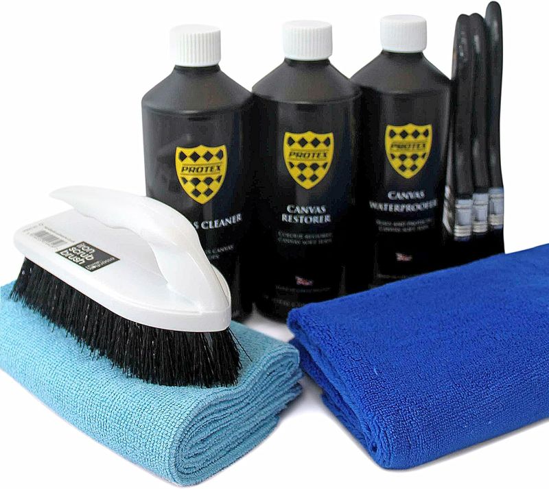 Photo 1 of PROTEX Convertible Soft Top Care Kit with Canvas Cleaner, Restorer (Black) & Waterproofer - 500ml, Giant Microfibre Towel, Brushes and Microfibre Clothes - COMPLETE KIT.
