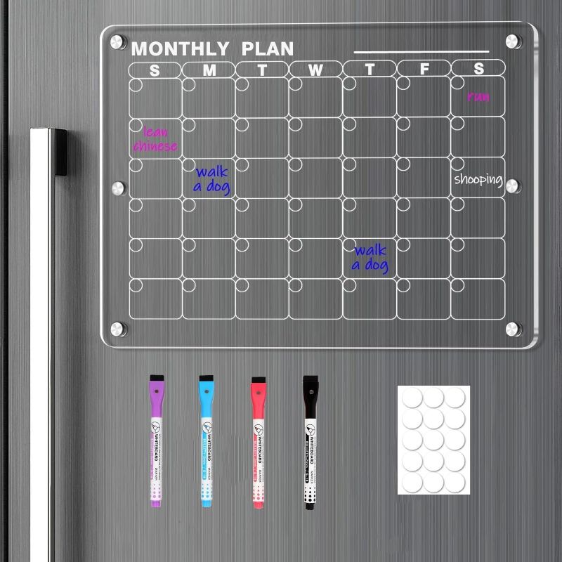 Photo 1 of Acrylic Magnetic Calendar for Fridge, Clear Acrylic Magnetic Dry Erase Planning Board of Monthly Calendar for Refrigerator, with 4 Colored Markers and 15 Nano Sticker (16"x12")
