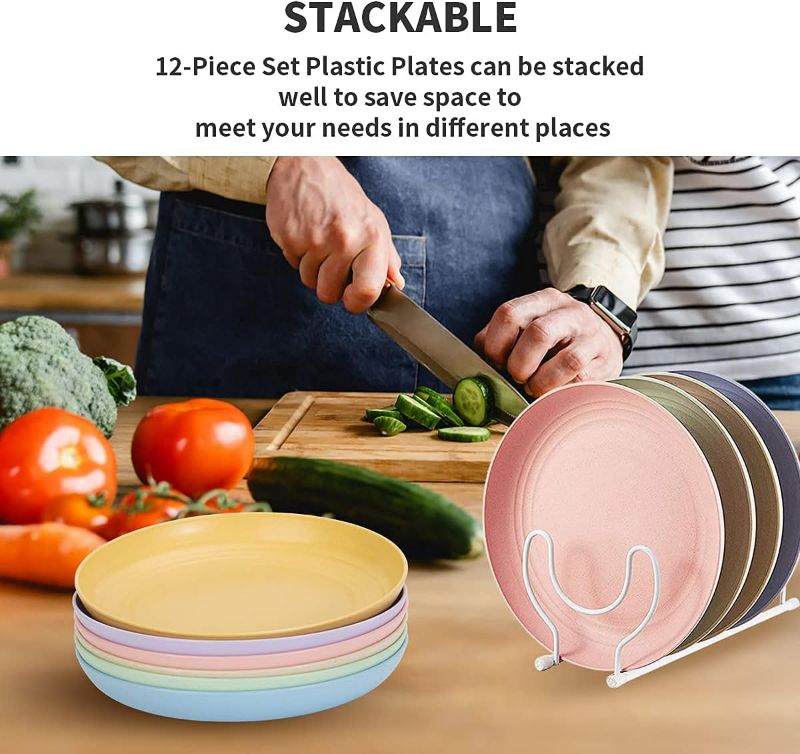 Photo 2 of SGAOFIEE 12 PACK 9 Inch Lightweight Wheat Straw Plates, Unbreakable Deep Dinner Plates, Plastic Plates Reusable, Assorted Colors Dinnerware Sets, Microwave & Dishwasher Safe
