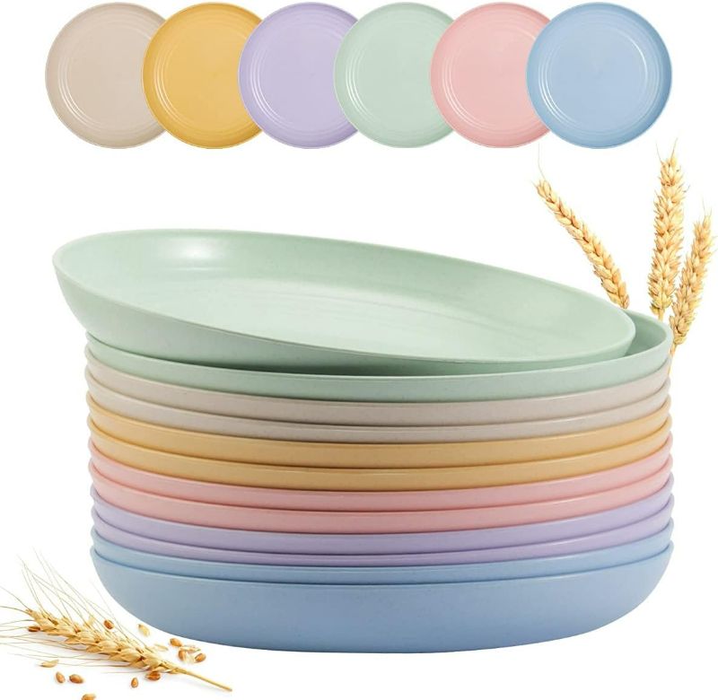 Photo 1 of SGAOFIEE 12 PACK 9 Inch Lightweight Wheat Straw Plates, Unbreakable Deep Dinner Plates, Plastic Plates Reusable, Assorted Colors Dinnerware Sets, Microwave & Dishwasher Safe
