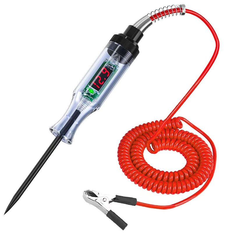 Photo 1 of Test Light Automotive,Circuit Tester 3-48V DC Digital LCD Display,Prolong Spring Cable, for Sedan,SUV,RV,Truck,Lawn Mower,Power Tool(Round Shape, Red, Voltage Display)
