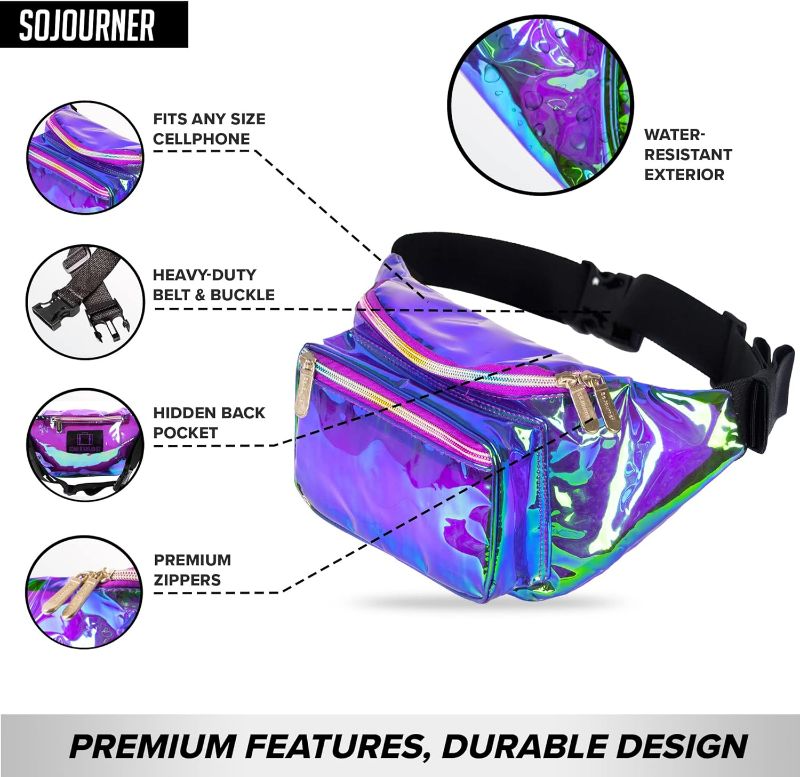 Photo 2 of Holographic Clear Fanny Pack Belt Bag | Waterproof for Women - Crossbody Bum Bag, Waist Pack - For Halloween costumes, for Hiking, Running, Travel and Stadium Approved (purple)
