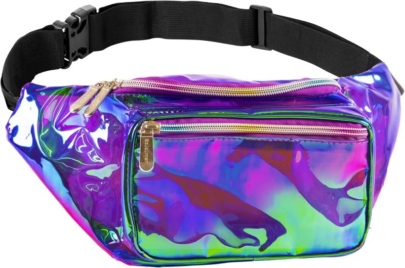 Photo 1 of Holographic Clear Fanny Pack Belt Bag | Waterproof for Women - Crossbody Bum Bag, Waist Pack - For Halloween costumes, for Hiking, Running, Travel and Stadium Approved (purple)
