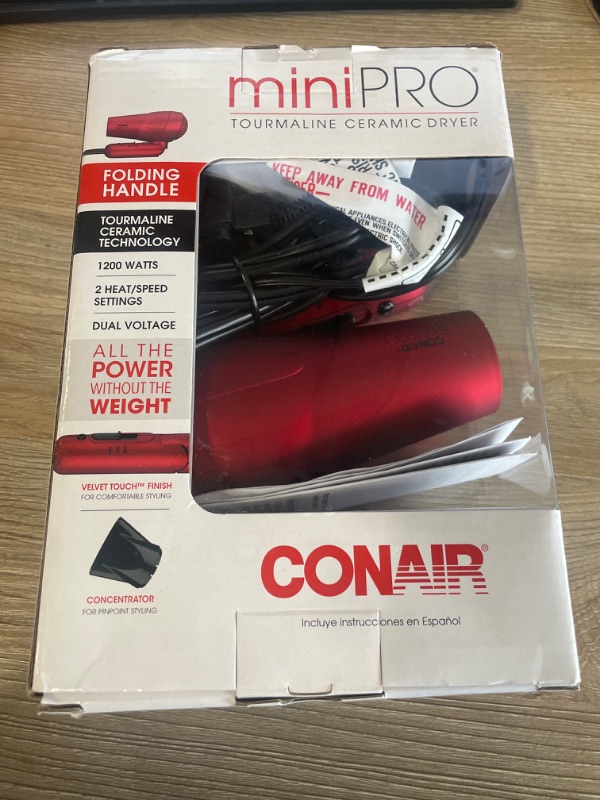 Photo 3 of Conair miniPRO Tourmaline Ceramic Travel Hair Dryer with Folding Handle, Red
