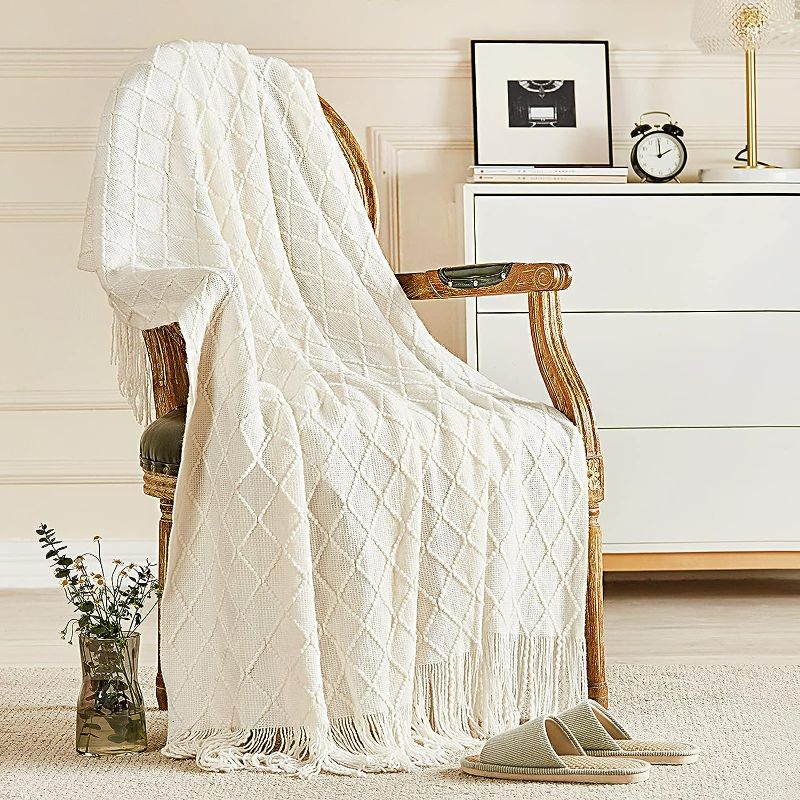 Photo 1 of inhand Knitted Throw Blankets for Couch and Bed, Soft Cozy Knit Blanket with Tassel, Off White Lightweight Decorative Blankets and Throws, Farmhouse Warm Woven Blanket for Men and Women, 60"x80"
