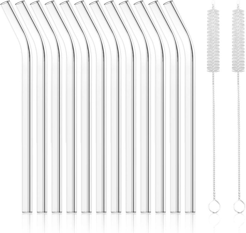 Photo 1 of Antner 12 Pack Reusable Glass Straw, 8.5" x 10MM Bent Clear Glass Drinking Straws for Hot & Cold Drinks, 2 Cleaning Brushes Included
