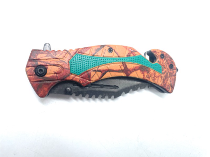 Photo 2 of Orange Leaf Camo Folding Pocket knife With Clip Window Breaker & Seatbelt Cutter