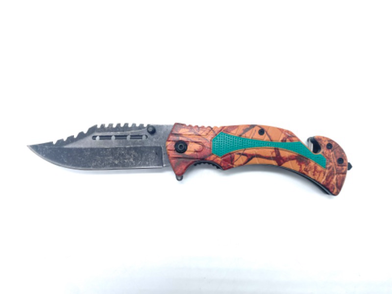 Photo 3 of Orange Leaf Camo Folding Pocket knife With Clip Window Breaker & Seatbelt Cutter