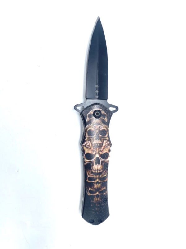 Photo 2 of 4.63" Spear Point Cross Style Spring Assisted Folding Pocket Knife-Triple Skull