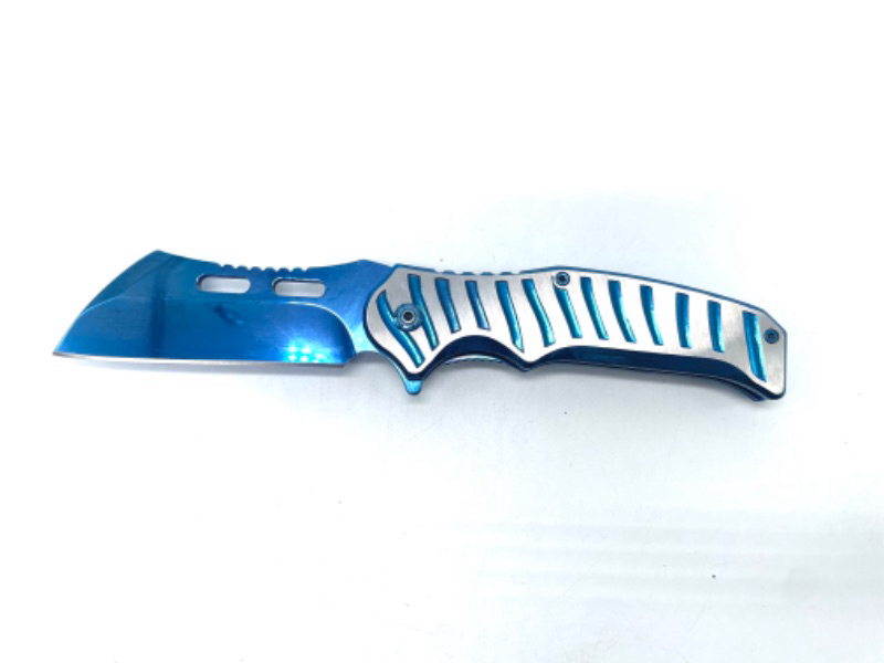 Photo 2 of Blue Chrome With Stripes Folding Pocket Knife With Clip New