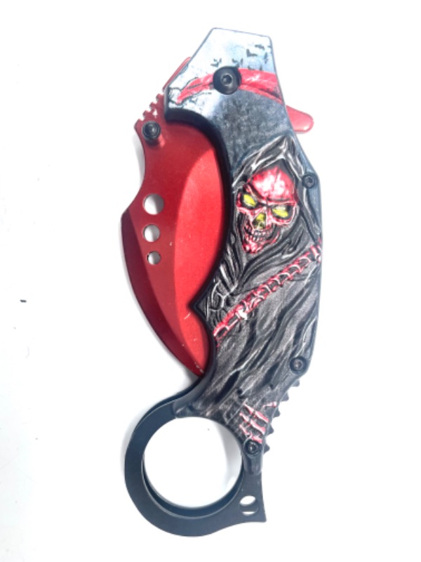 Photo 1 of KARAMBIT KNIFE -STAINLESS STEEL FIXED BLADE KNIFE RED GRIMM REAPER SKELETON WITH YELLOW EYES