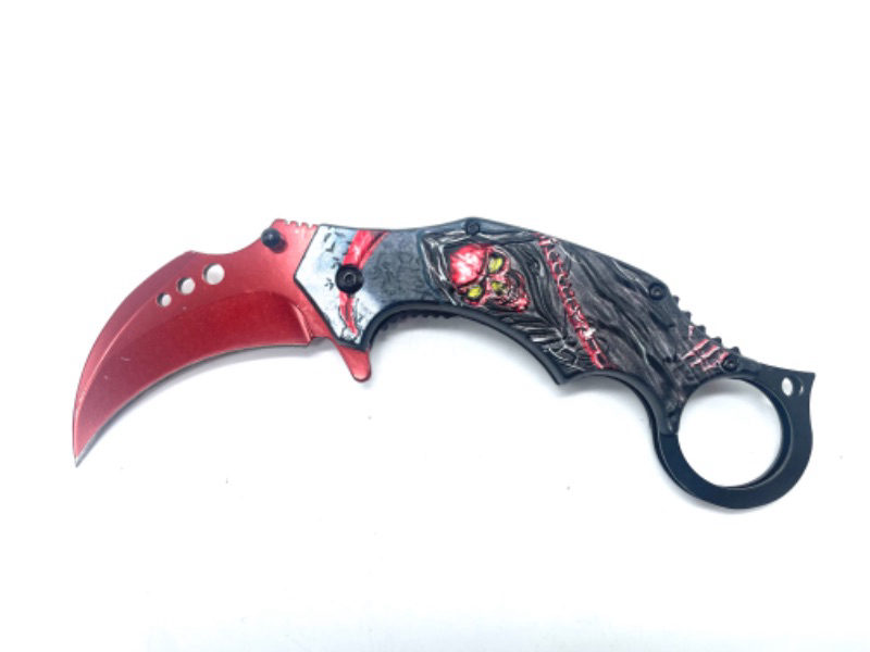 Photo 2 of KARAMBIT KNIFE -STAINLESS STEEL FIXED BLADE KNIFE RED GRIMM REAPER SKELETON WITH YELLOW EYES
