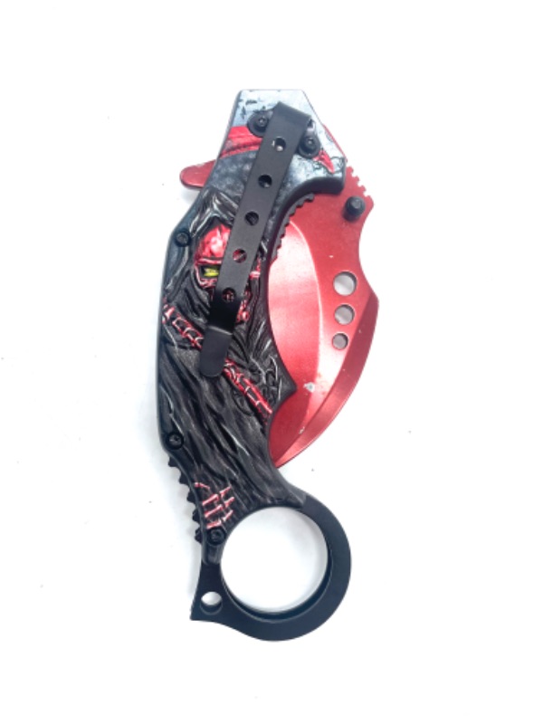 Photo 3 of KARAMBIT KNIFE -STAINLESS STEEL FIXED BLADE KNIFE RED GRIMM REAPER SKELETON WITH YELLOW EYES
