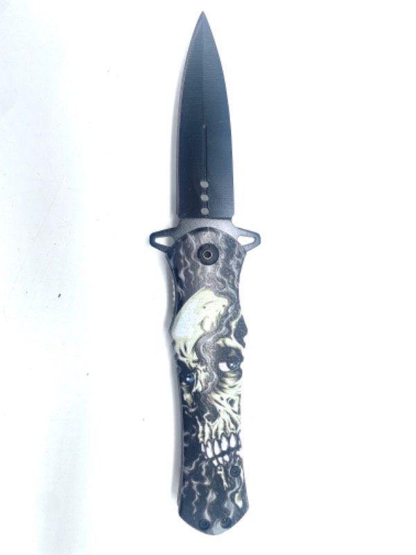 Photo 2 of 4.63" Spear Point Cross Style Spring Assisted Folding Pocket Knife -Skull With Smoke Detail