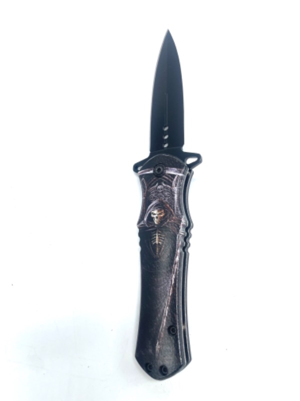 Photo 2 of 4.63" Spear Point Cross Style Spring Assisted Folding Pocket Knife - Grimm Reaper Skeleton
