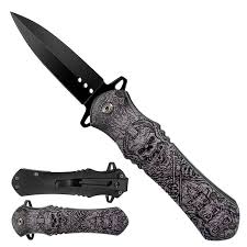 Photo 1 of 4.63" ANCIENT SCROLL SKULL PRINT HANDLE ASSIST-OPEN SPEAR POINT BLADE FOLDING KNIFE WITH POCKET CLIP