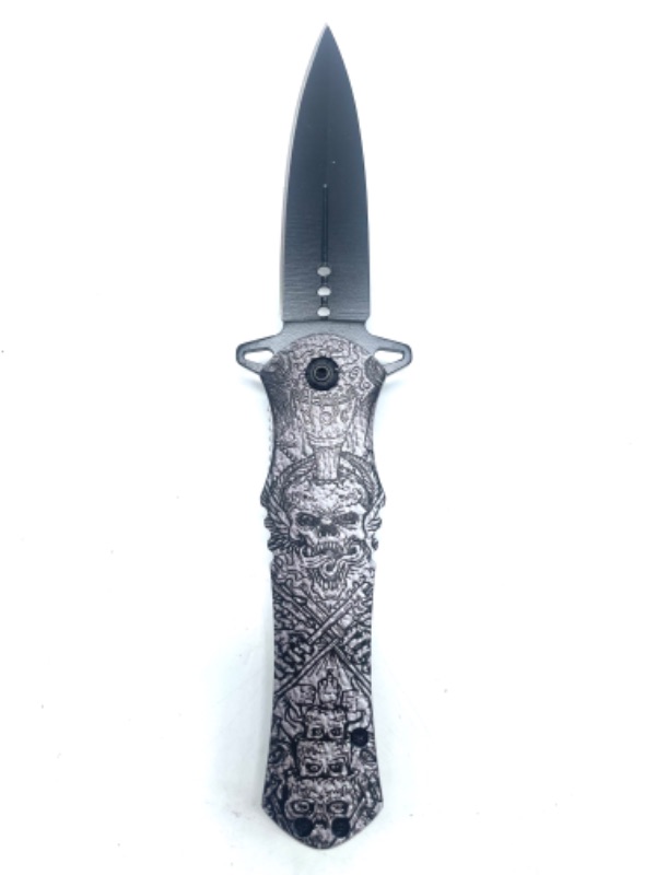 Photo 3 of 4.63" ANCIENT SCROLL SKULL PRINT HANDLE ASSIST-OPEN SPEAR POINT BLADE FOLDING KNIFE WITH POCKET CLIP