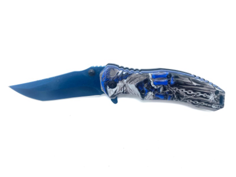 Photo 2 of Blue Skull Holding Chains Pocket Knife Folding 