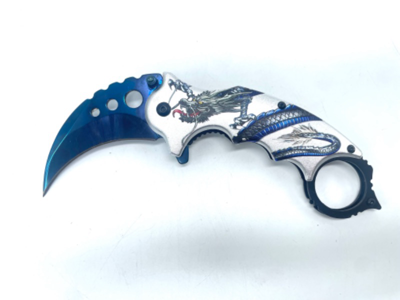 Photo 3 of 7" Overall Spring Assisted Karambit Knife w/ Stainless Blade and Dragon Artwork Handle
