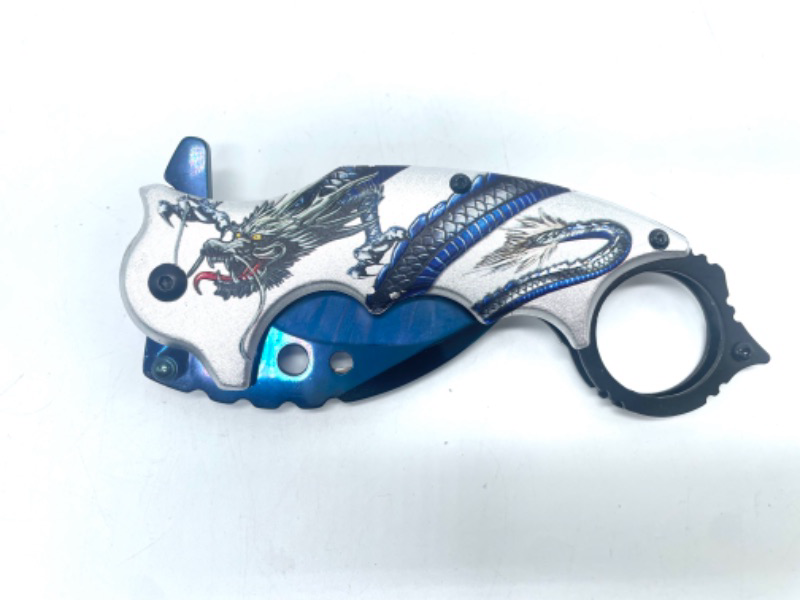 Photo 2 of 7" Overall Spring Assisted Karambit Knife w/ Stainless Blade and Dragon Artwork Handle
