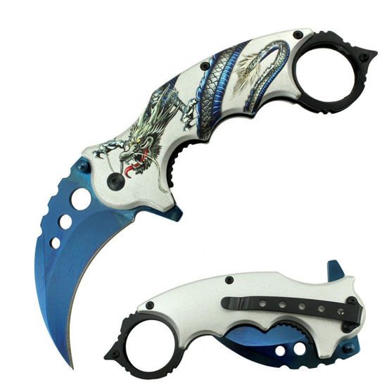 Photo 1 of 7" Overall Spring Assisted Karambit Knife w/ Stainless Blade and Dragon Artwork Handle
