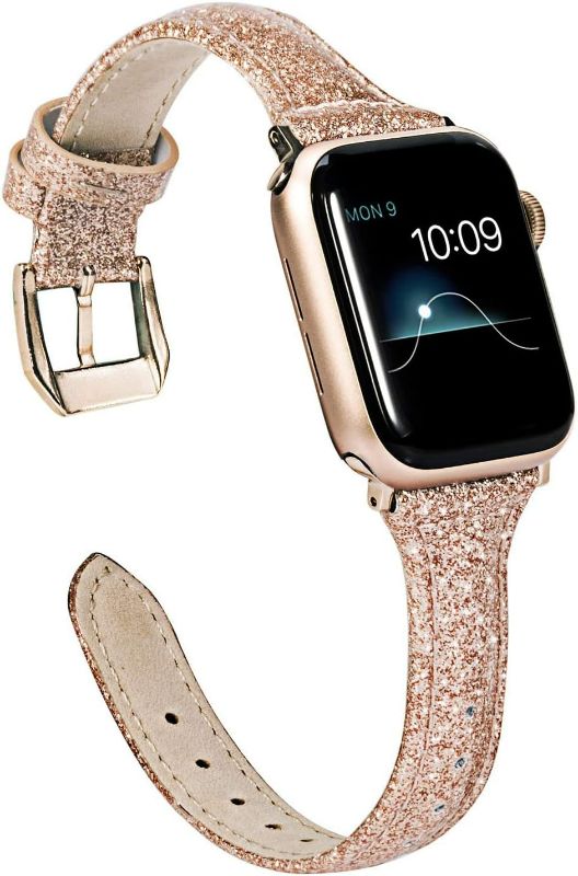 Photo 1 of Wearlizer Rose Gold Leather Compatible with Apple Watch Leather Bands 38mm 40mm 41mm Womens for iWatch Series 9 8 7 6 5 4 3 2 1 SE Shiny Slim Smooth Wristband Bling Glitter Strap (Gold Clasp)
