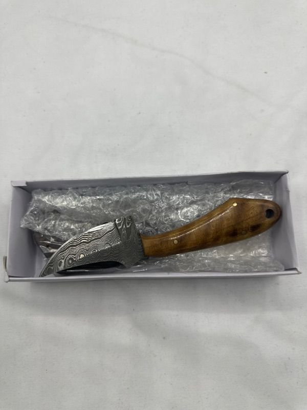 Photo 2 of Damascus Fixed Blade Skinner Wood Fixed Blade Knife 2.875in Steel Standard Edge Brown Wood Handle
