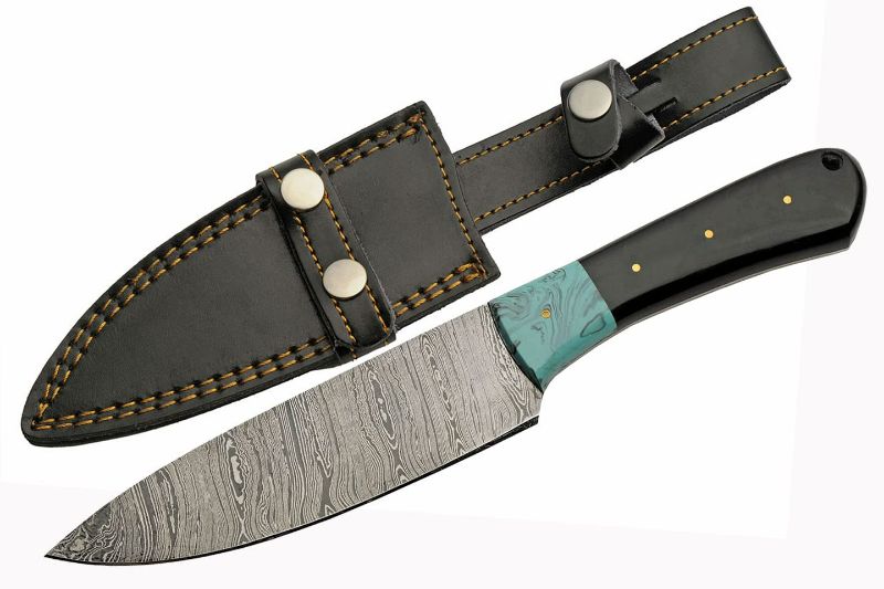 Photo 1 of SZCO Supplies 10.75” Horn And Resin Handle Damascus Steel Outdoor Hunting Knife With Leather Sheath