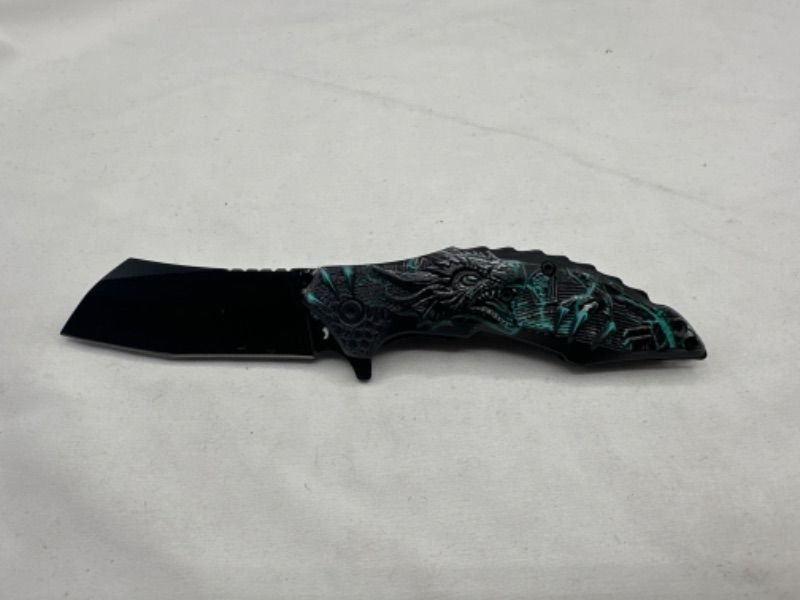 Photo 2 of Black and Turquoise Dragon Designed Pocket Knife New